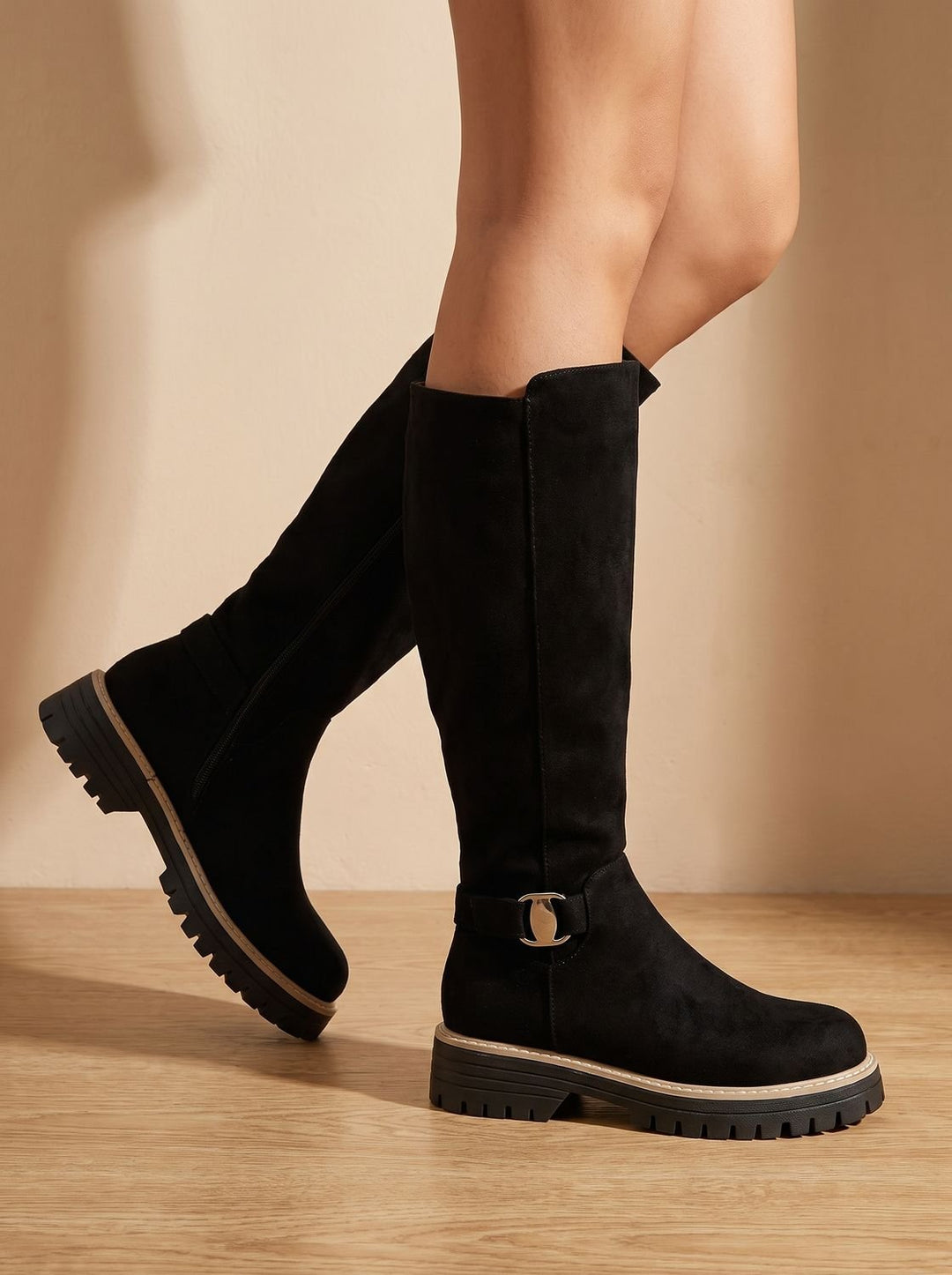 Women's Suede-Style Buckle Accent Side-Zip Knee High Boots