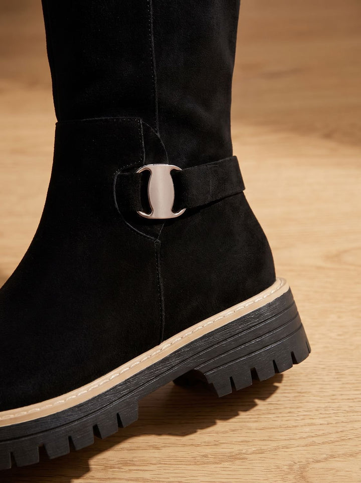 Women's Suede-Style Buckle Accent Side-Zip Knee High Boots