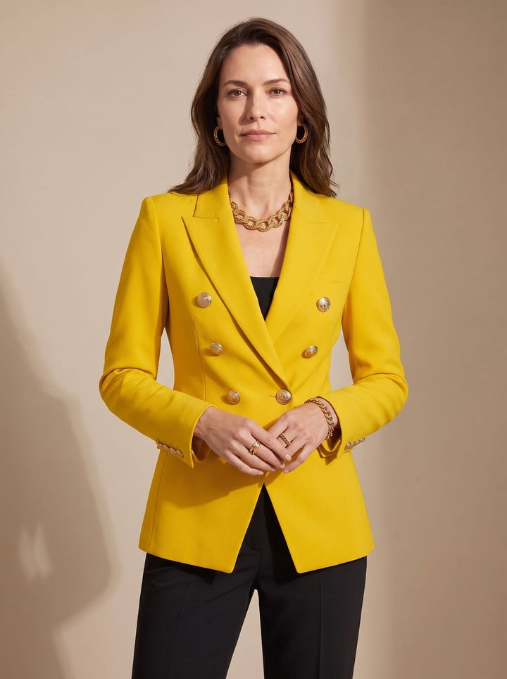 Women's Tailored Double-Breasted Gold-Button Blazer - Yellow