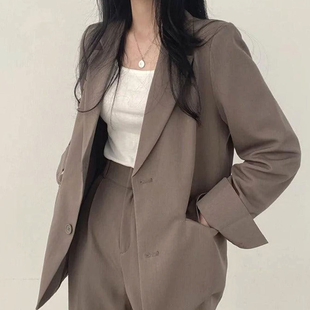 Women's Tailored Long Blazer High-Waist Trouser Suit Set