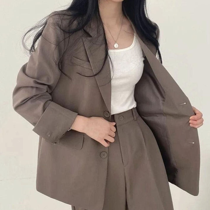 Women's Tailored Long Blazer High-Waist Trouser Suit Set - Grey