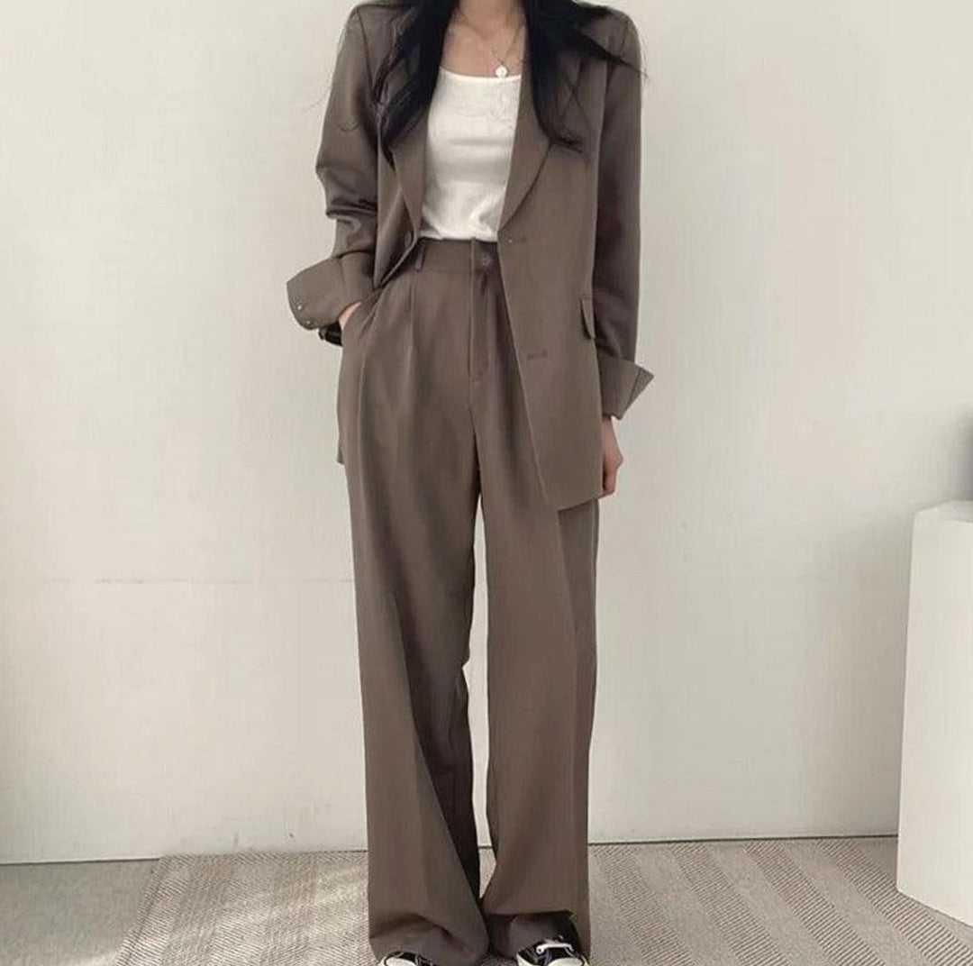 Women's Tailored Long Blazer High-Waist Trouser Suit Set