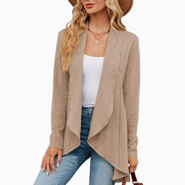 Women's Textured Open-Front Long Sleeve Cardigan - Khaki
