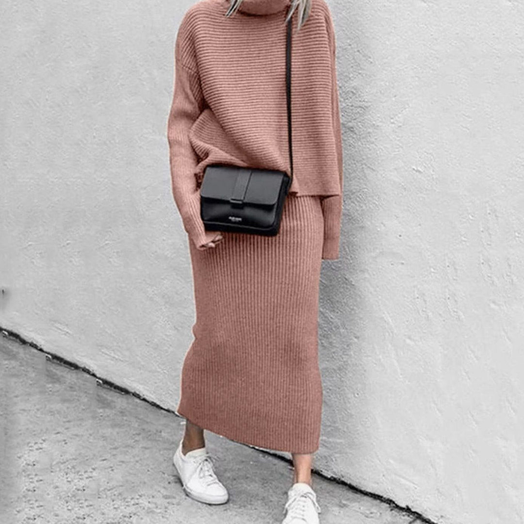 Women's Turtleneck Cozy Pullover Ribbed Knit Two-Piece Skirt Set - Pink