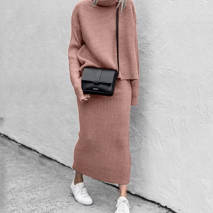 Women's Turtleneck Cozy Pullover Ribbed Knit Two-Piece Skirt Set - Pink
