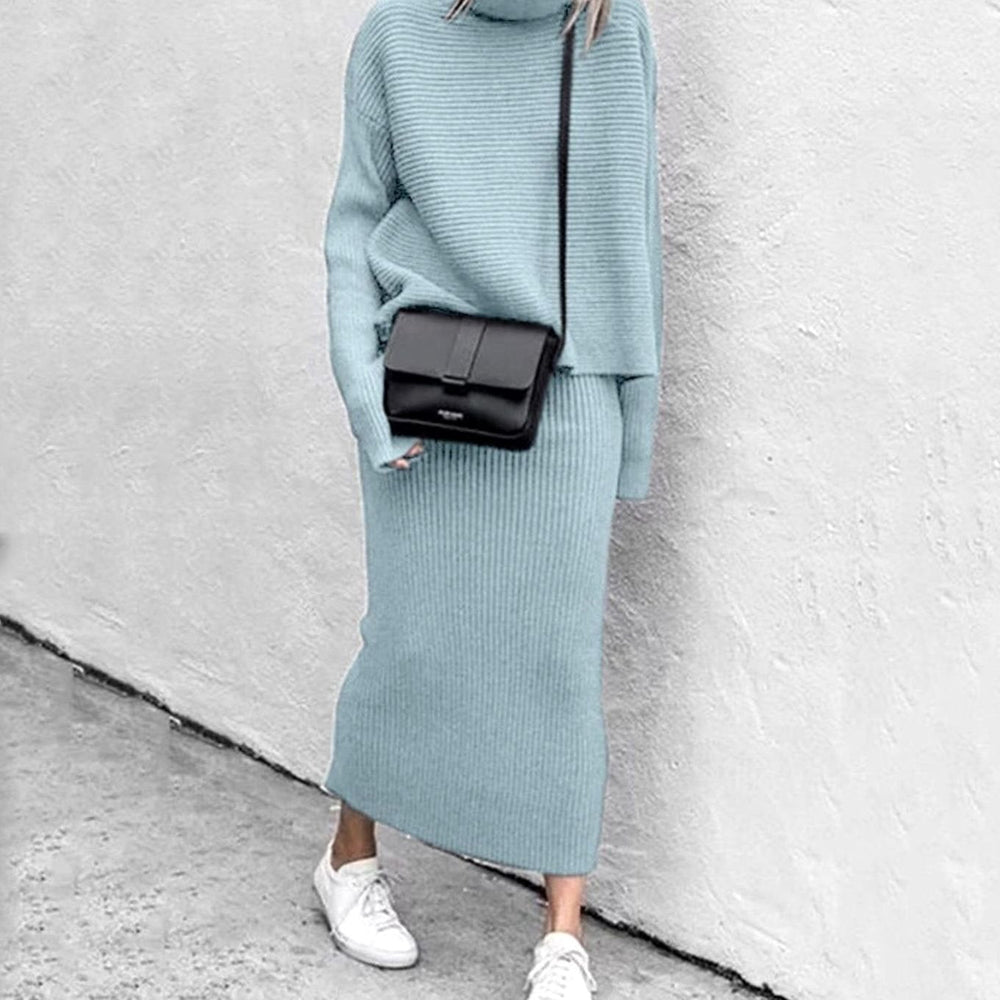Women's Turtleneck Cozy Pullover Ribbed Knit Two-Piece Skirt Set - Blue