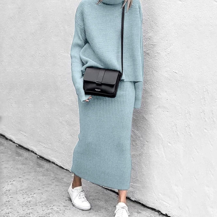 Women's Turtleneck Cozy Pullover Ribbed Knit Two-Piece Skirt Set - Blue