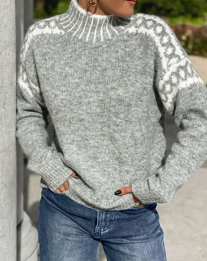 Women's Turtleneck Patterned Relaxed-Fit Knit Sweater - Gray