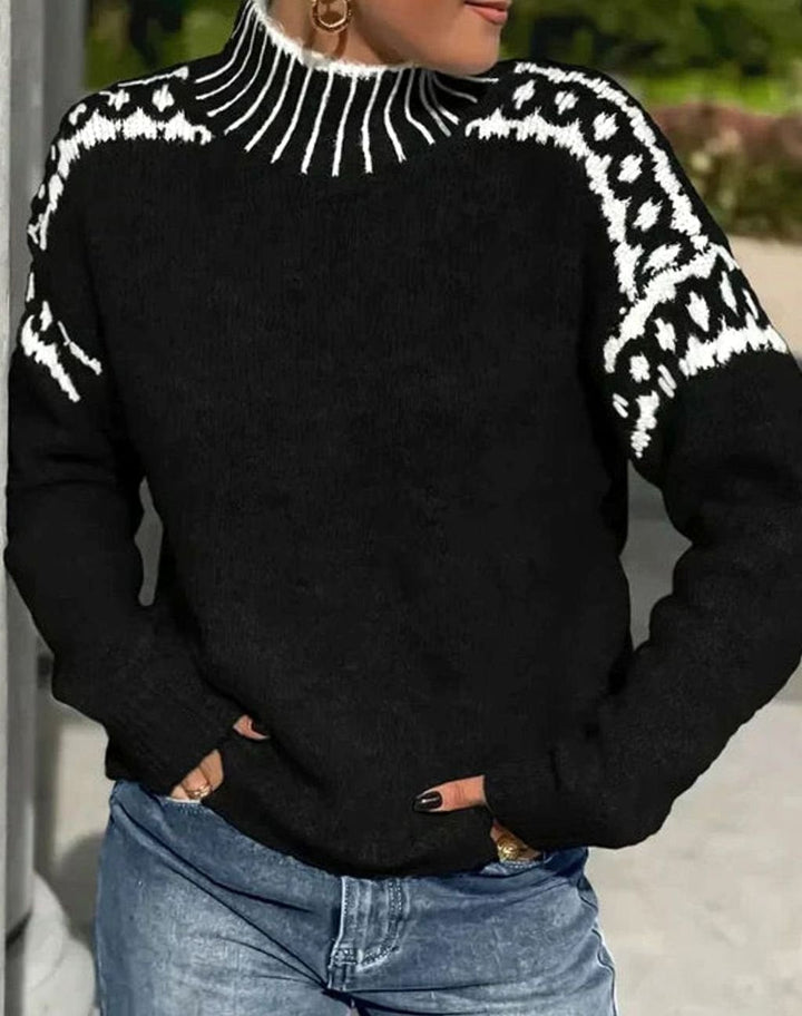 Women's Turtleneck Patterned Relaxed-Fit Knit Sweater - Black