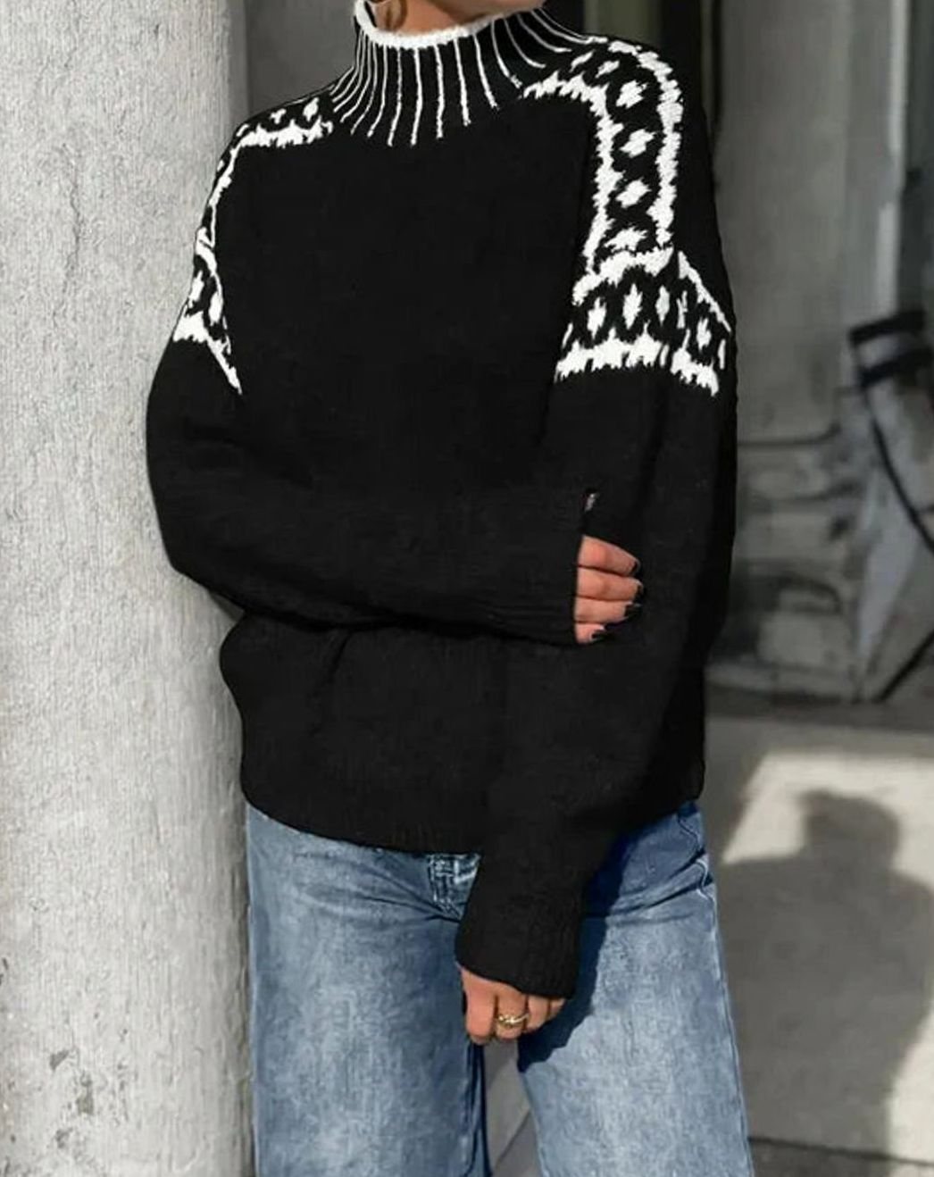 Women's Turtleneck Patterned Relaxed-Fit Knit Sweater