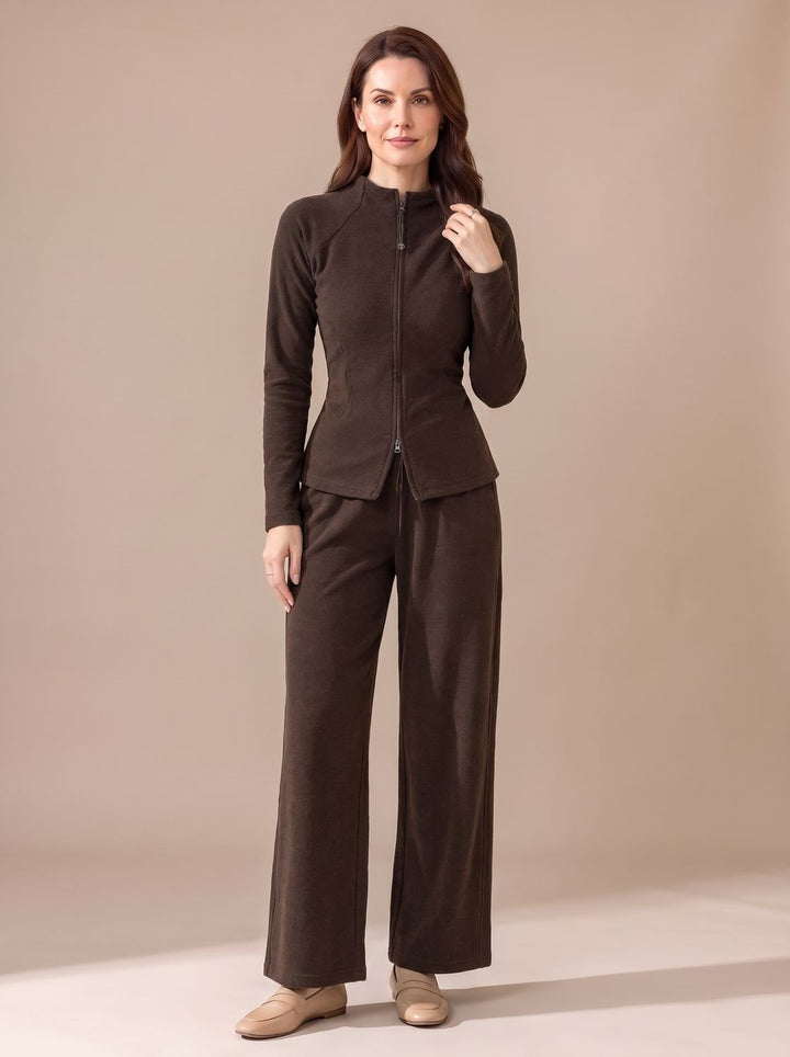 Women's Two-Piece Zip-Front Wide-Leg Knit Matching Set - Brown