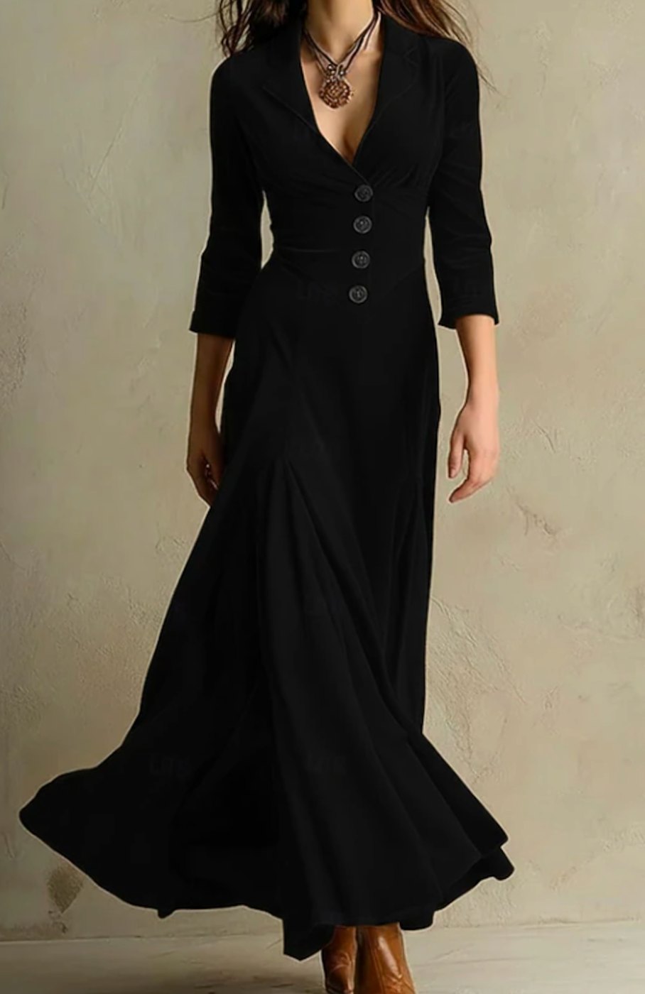 Women's V-Neck Button-Front Flowing Maxi Dress - Black