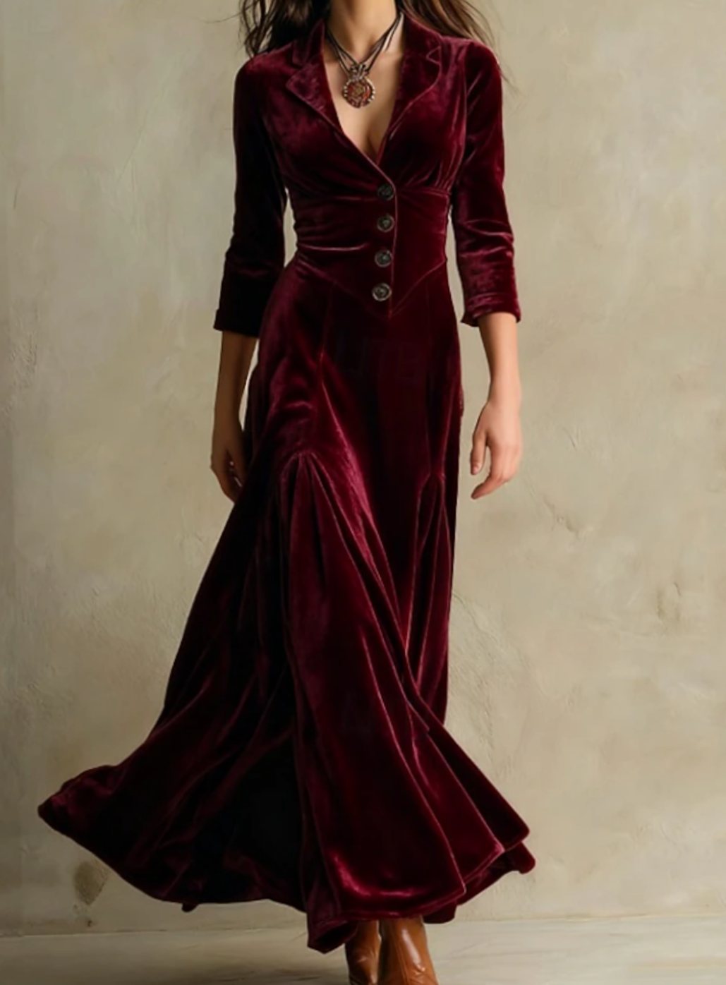 Women's V-Neck Button-Front Flowing Maxi Dress - Burgundy