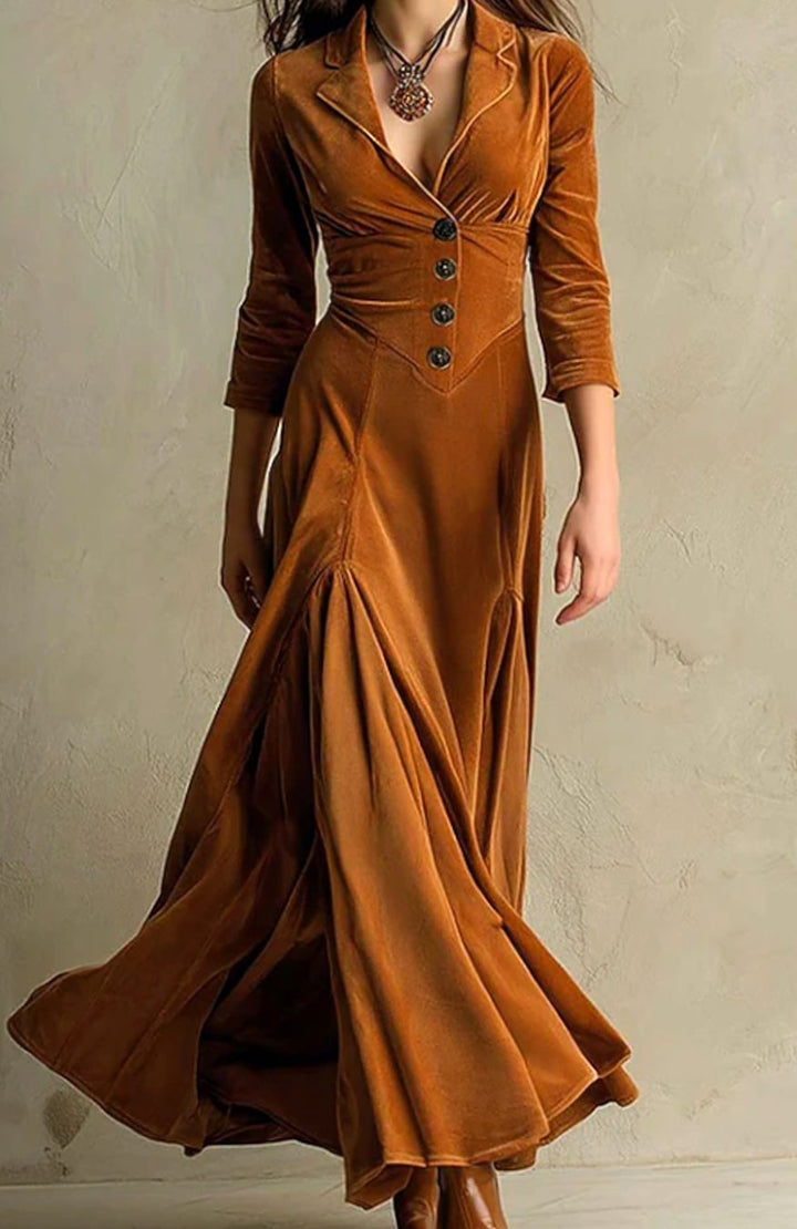 Women's V-Neck Button-Front Flowing Maxi Dress - Brown