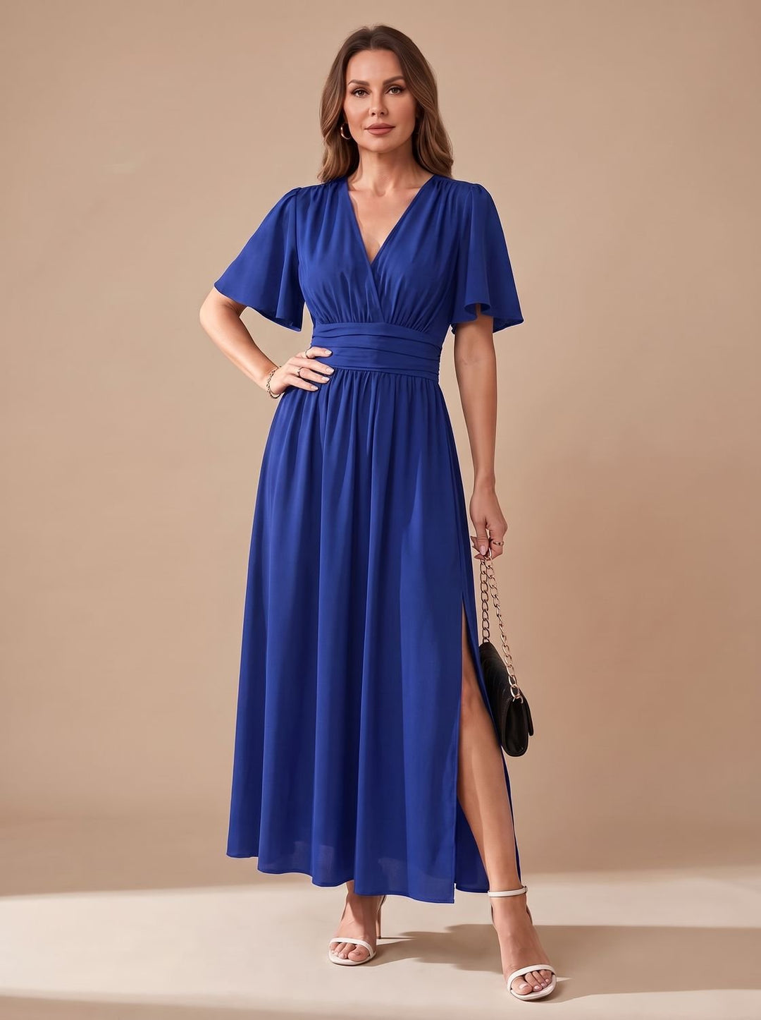 Women's V-Neck Flutter-Sleeve High-Waist Maxi Dress Side Slit