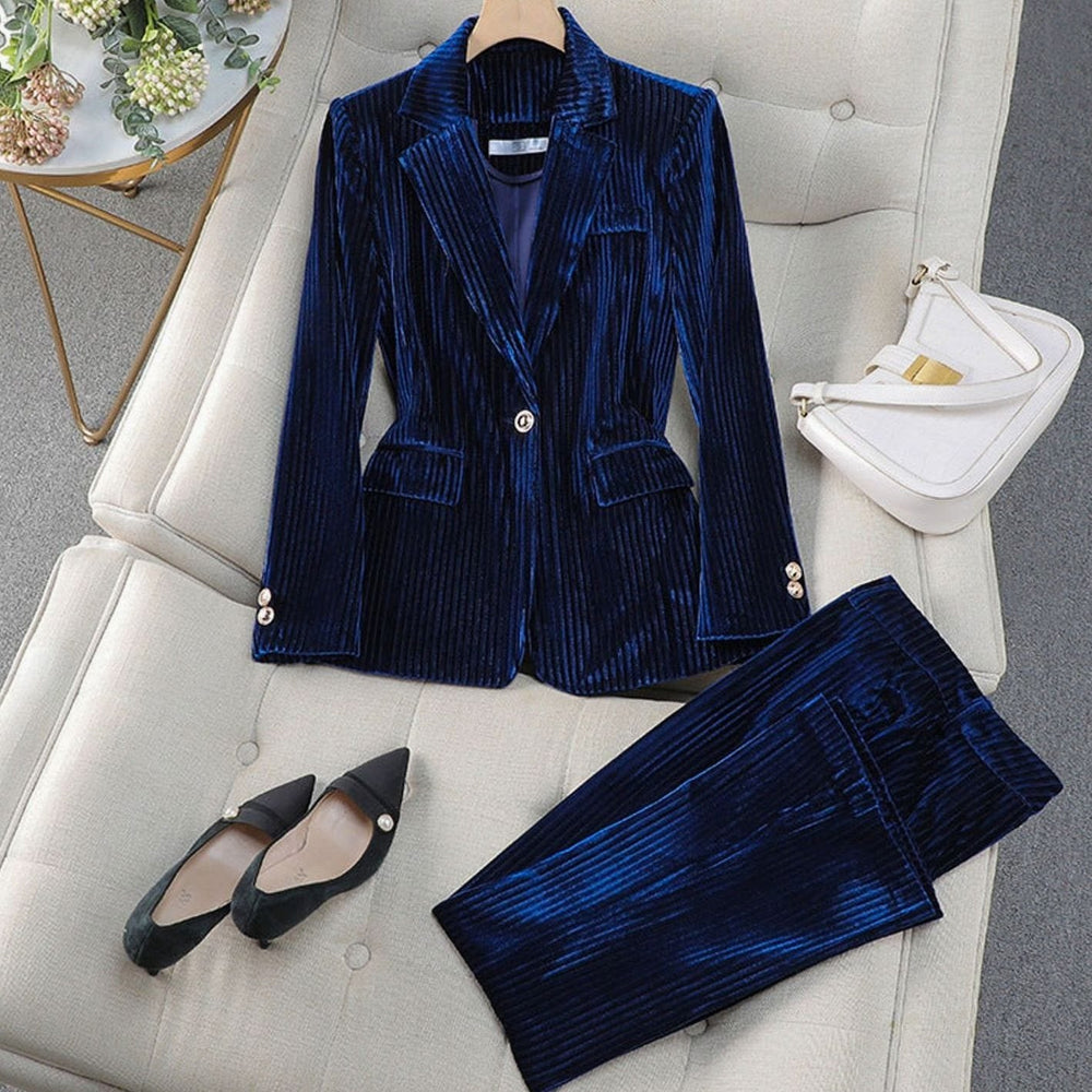 Women's Velvet Tailored Long Blazer Suit Set - Blue