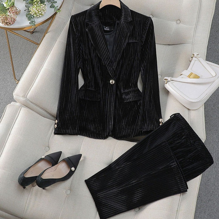 Women's Velvet Tailored Long Blazer Suit Set - Black