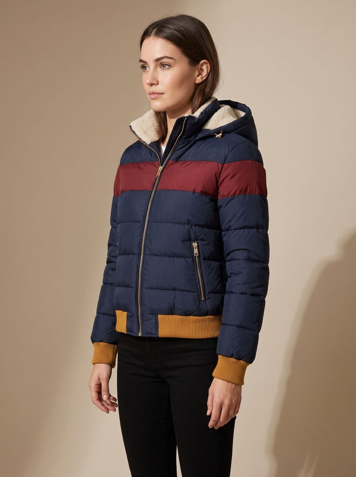 Women's Waterproof Hooded Puffer Jacket Retro Stripe Color-Block