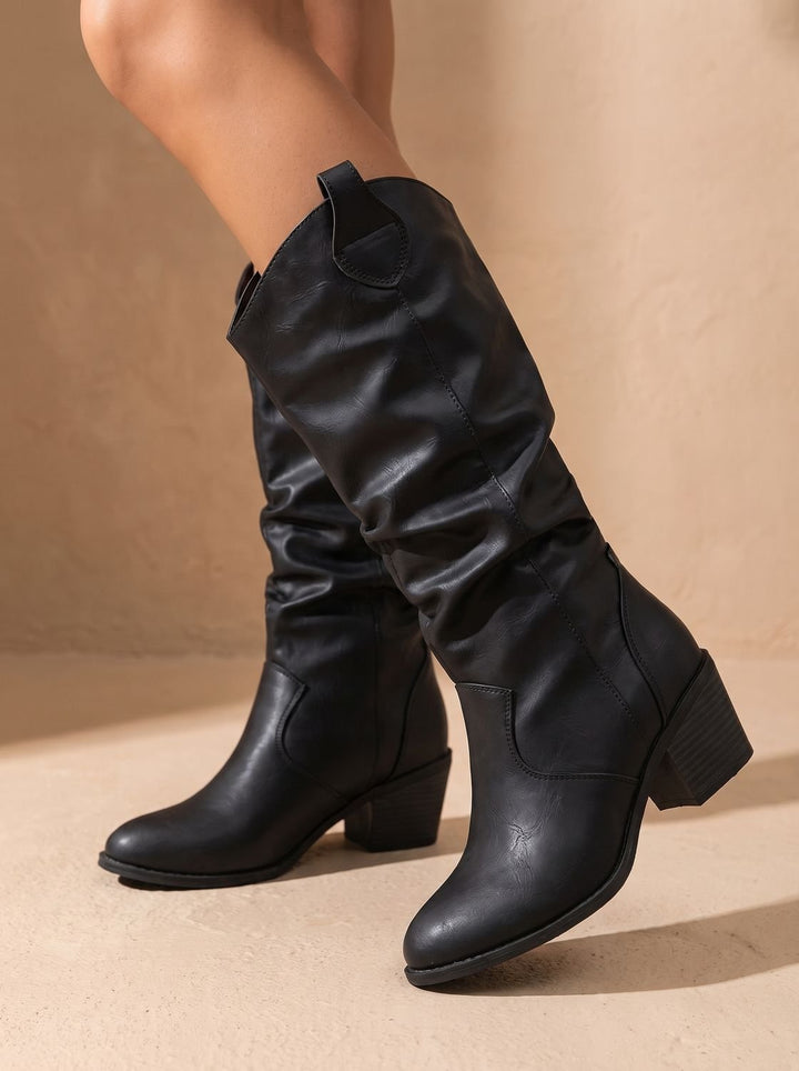 Women's Wide-Calf Pull-On Western Knee-High Boots - Black